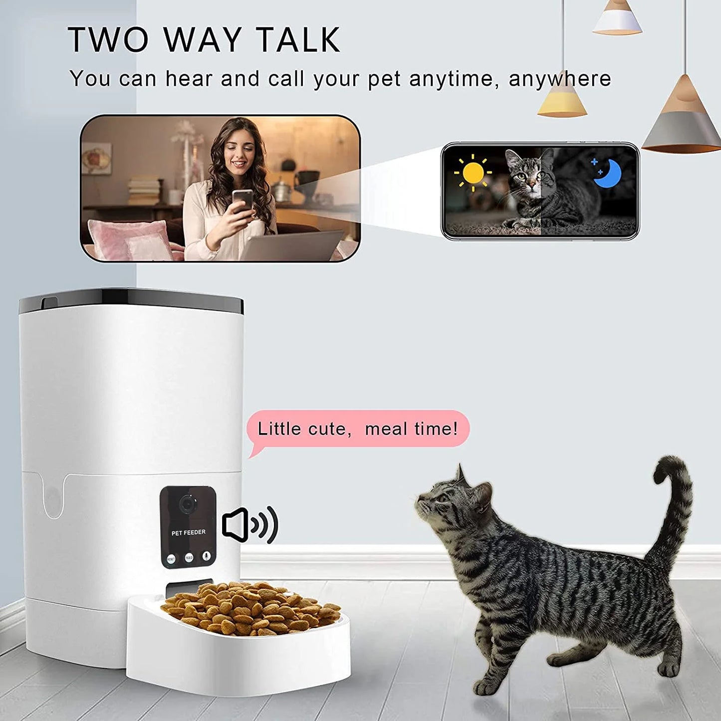 Automatic Pet Feeder for Cats & Dogs – 6L Capacity, 1080P Camera, App-Controlled with Voice Recorder, Timed Feeding, Dual Power Supply, and WiFi Connectivity