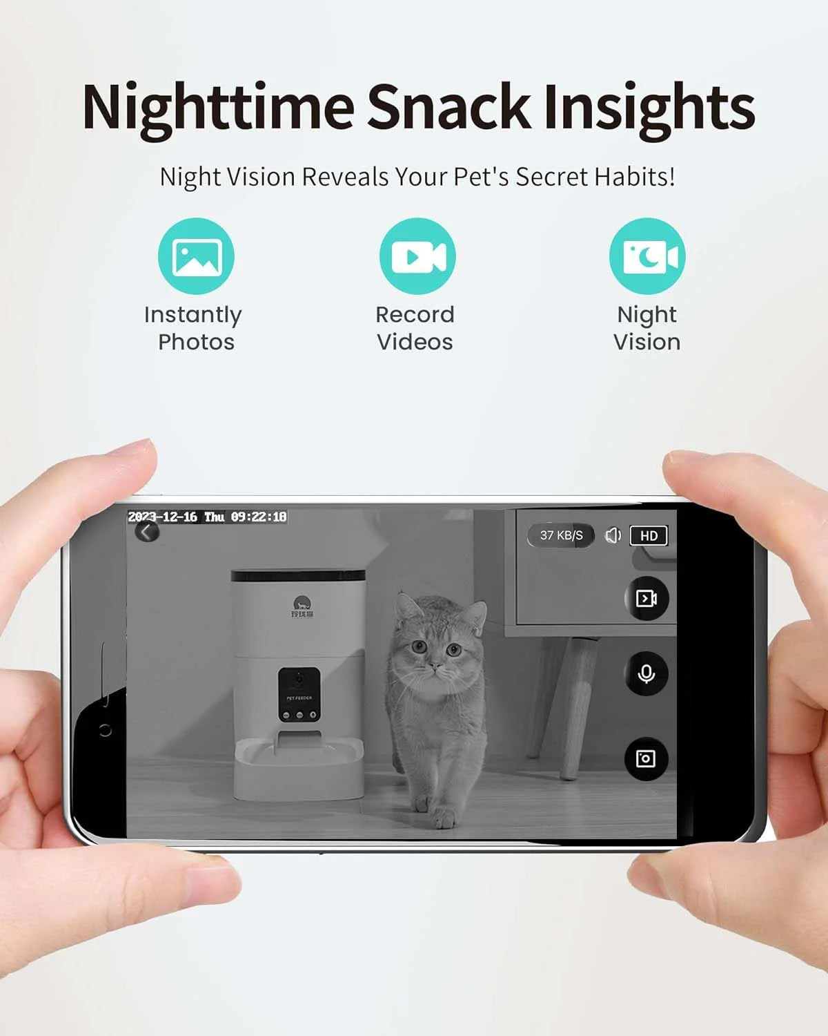 Automatic Pet Feeder for Cats & Dogs – 6L Capacity, 1080P Camera, App-Controlled with Voice Recorder, Timed Feeding, Dual Power Supply, and WiFi Connectivity