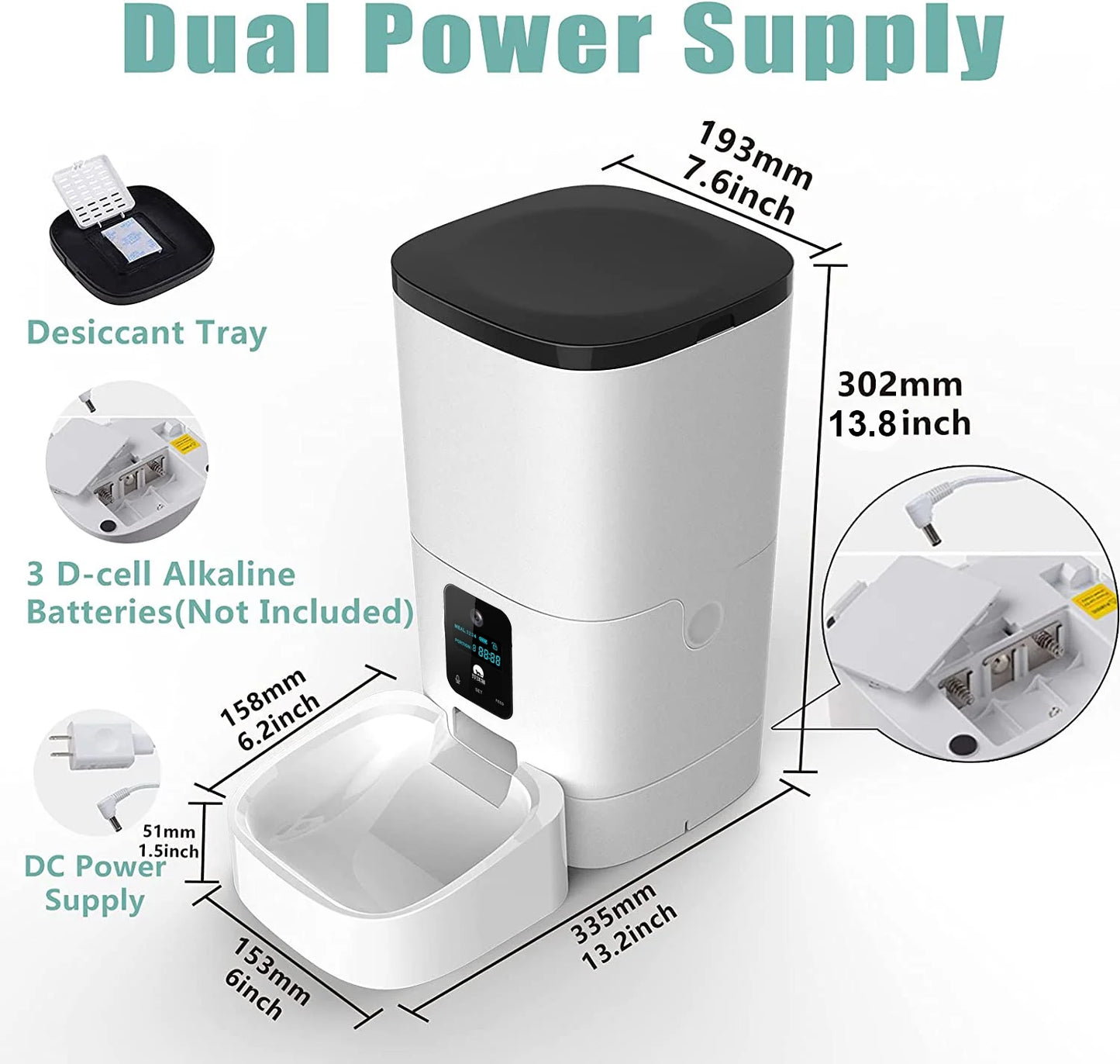Automatic Pet Feeder for Cats & Dogs – 6L Capacity, 1080P Camera, App-Controlled with Voice Recorder, Timed Feeding, Dual Power Supply, and WiFi Connectivity