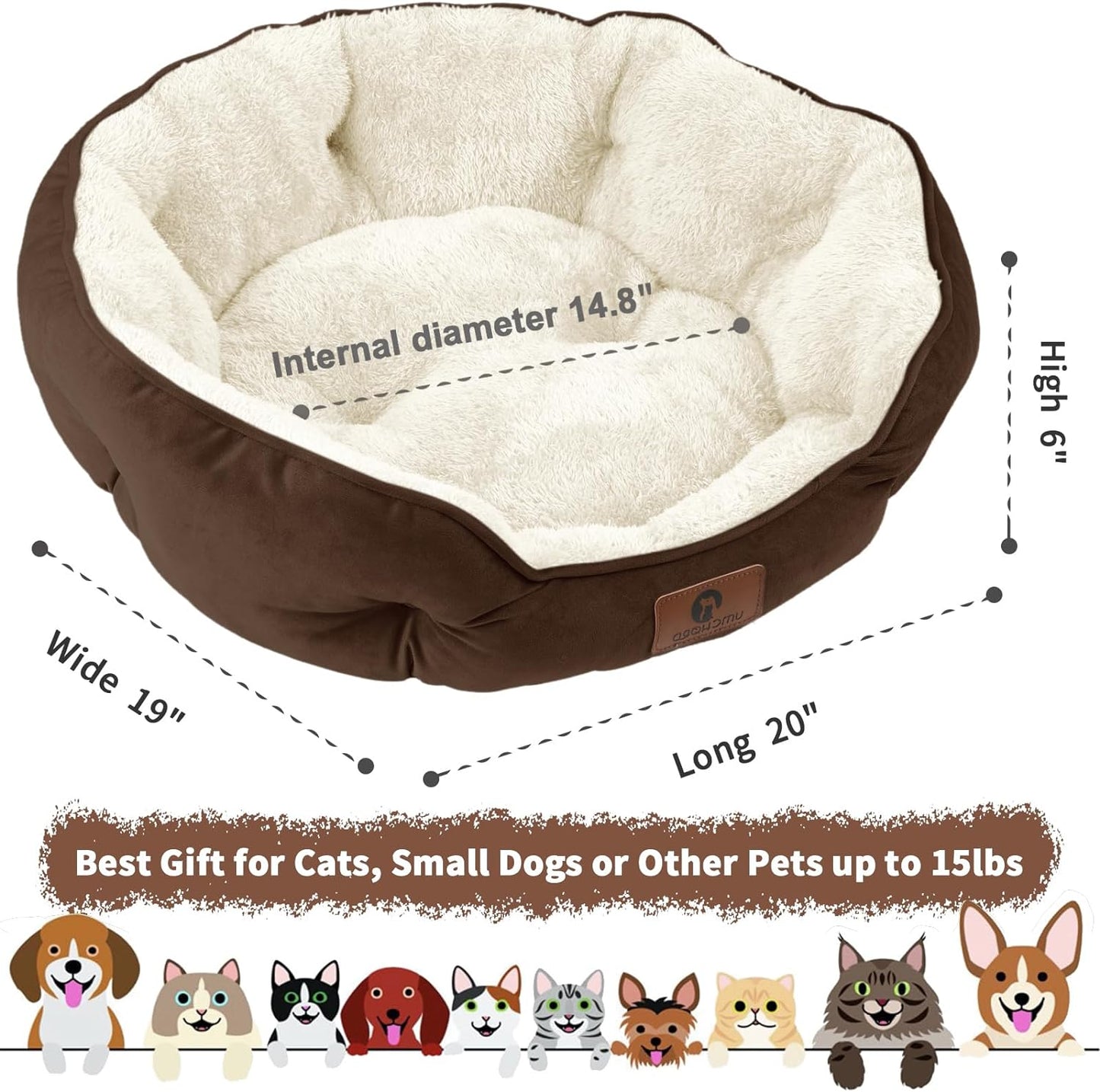 Small Dog and Cat Bed – Extra Soft, Machine Washable Pet Bed with Anti-Slip, Water-Resistant Bottom, Perfect for Puppies, Kittens, and Indoor Pets, Brown, Size 20-Inch