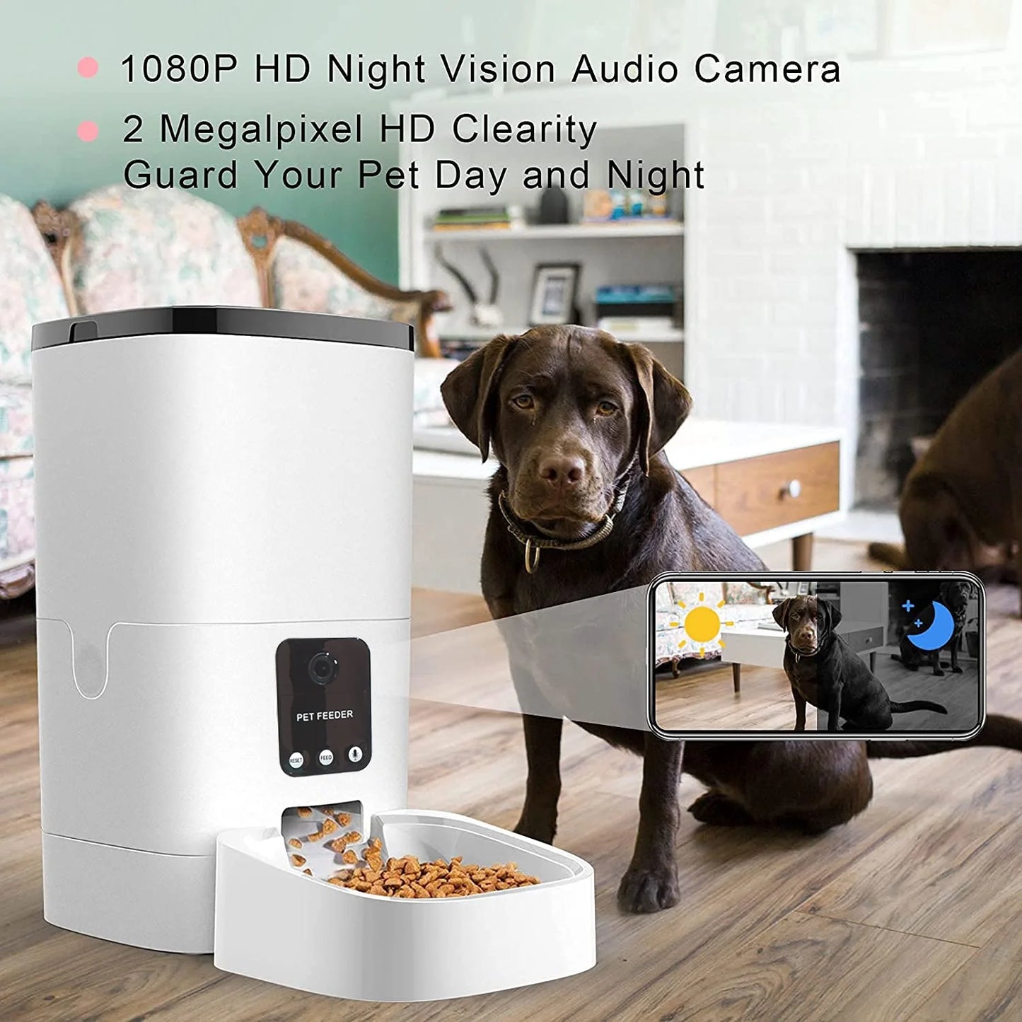 Automatic Pet Feeder for Cats & Dogs – 6L Capacity, 1080P Camera, App-Controlled with Voice Recorder, Timed Feeding, Dual Power Supply, and WiFi Connectivity