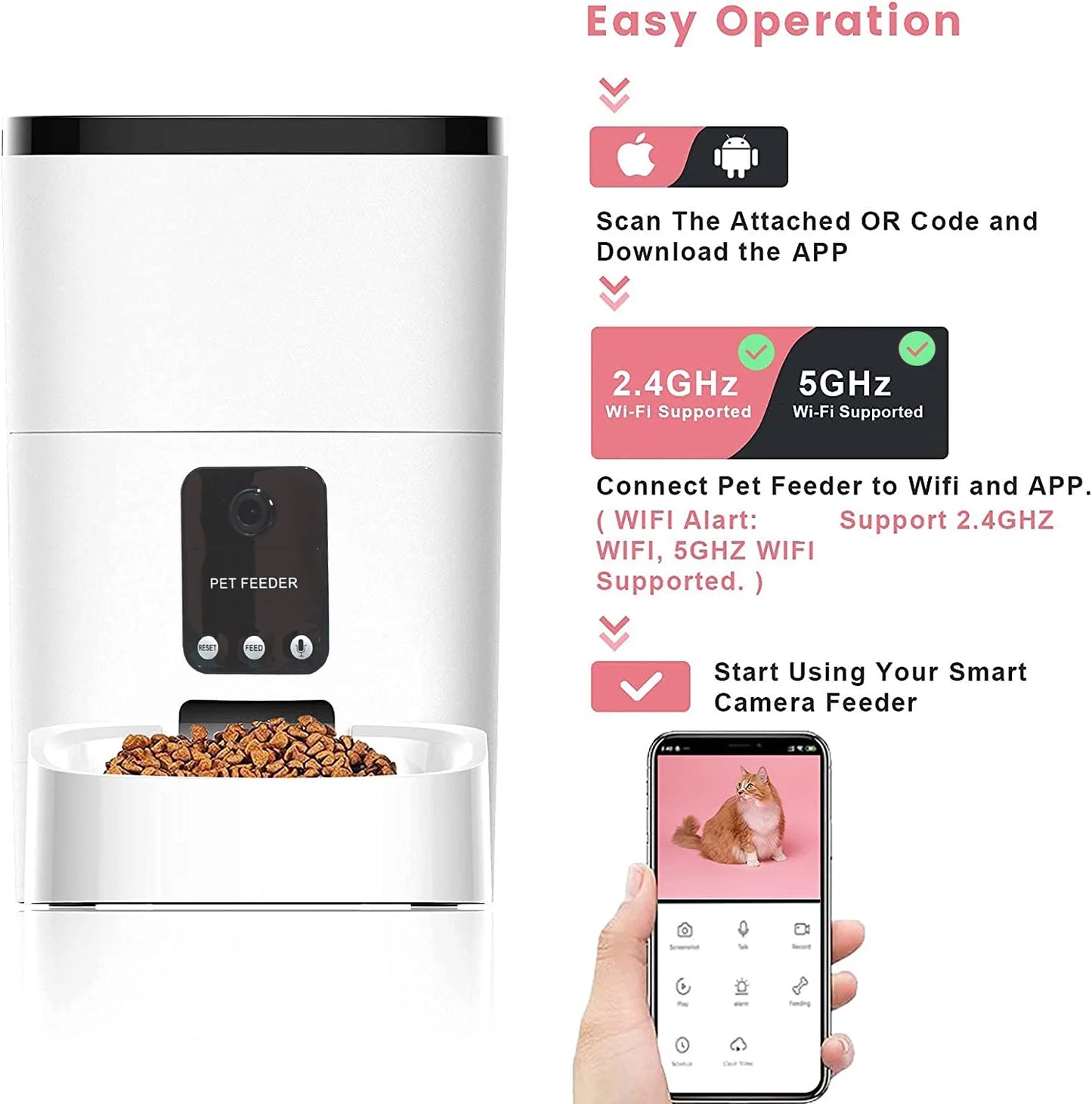 Automatic Pet Feeder for Cats & Dogs – 6L Capacity, 1080P Camera, App-Controlled with Voice Recorder, Timed Feeding, Dual Power Supply, and WiFi Connectivity