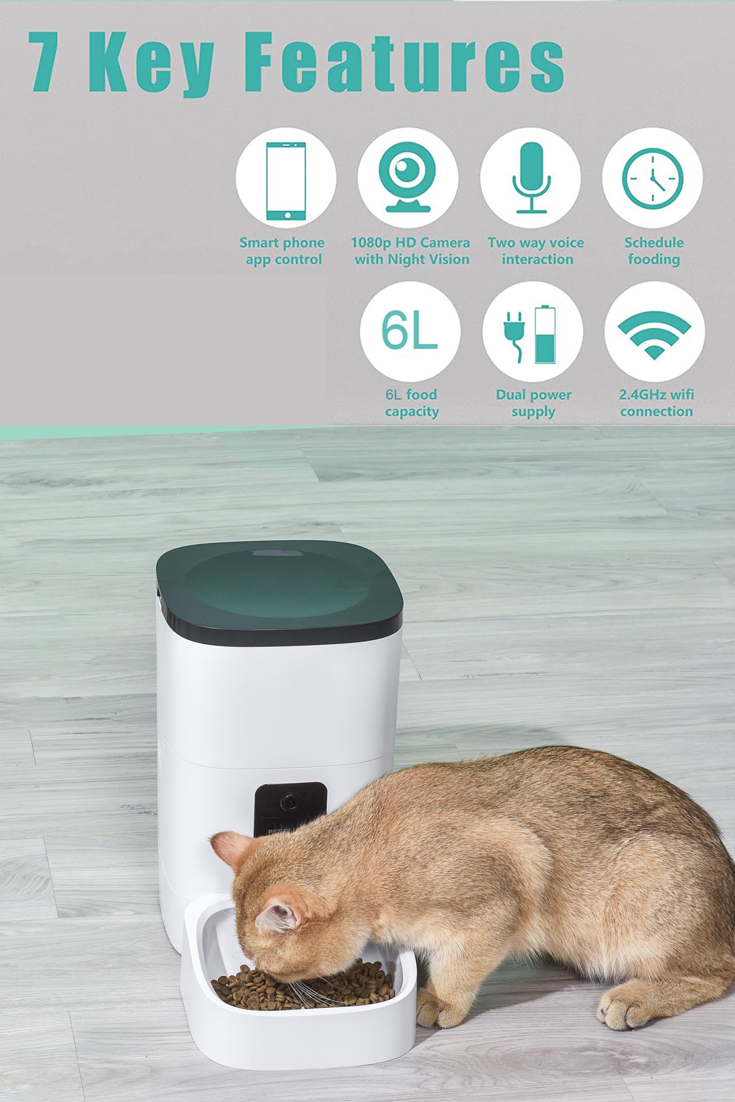 Automatic Pet Feeder for Cats & Dogs – 6L Capacity, 1080P Camera, App-Controlled with Voice Recorder, Timed Feeding, Dual Power Supply, and WiFi Connectivity
