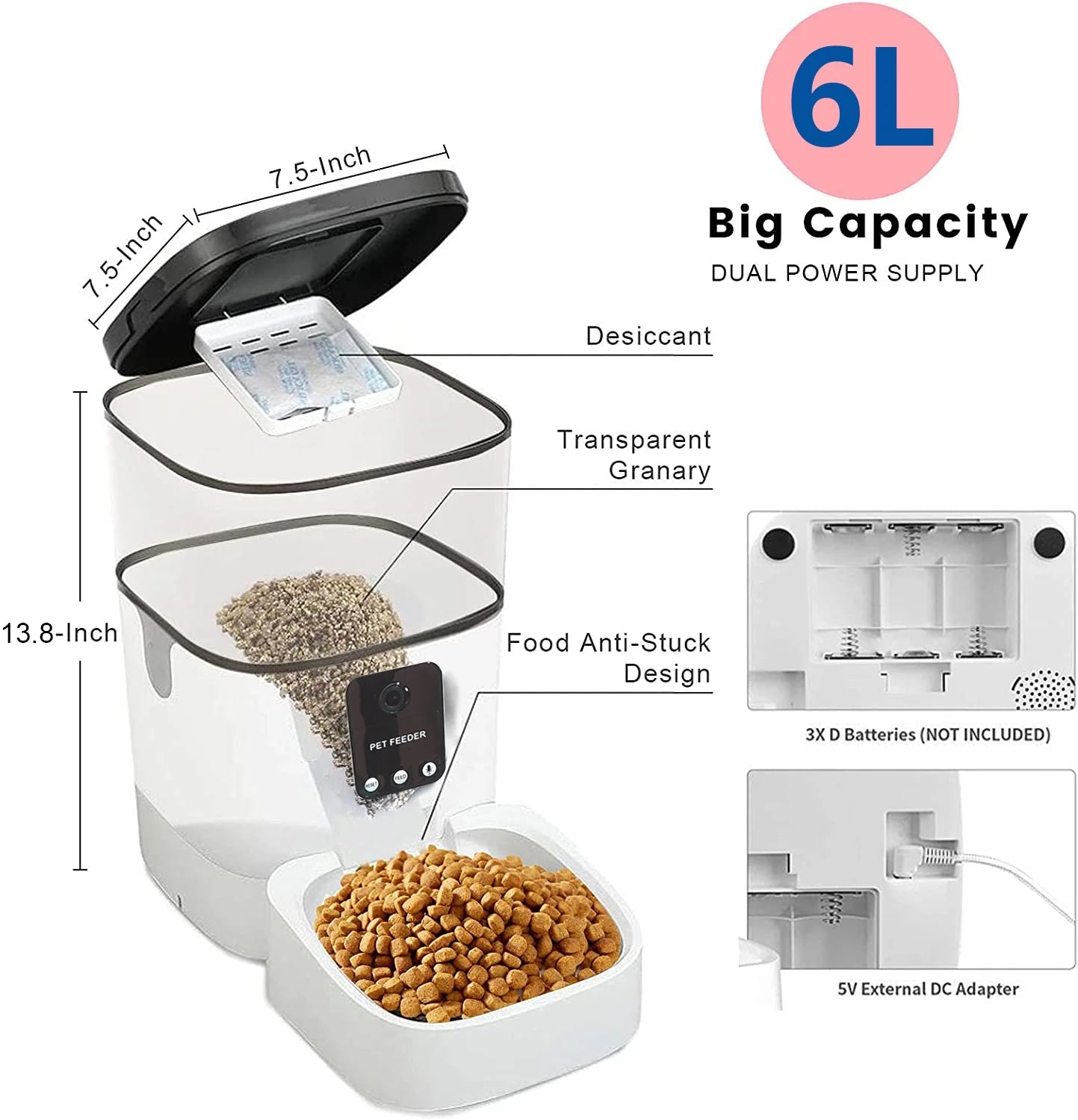 Automatic Pet Feeder for Cats & Dogs – 6L Capacity, 1080P Camera, App-Controlled with Voice Recorder, Timed Feeding, Dual Power Supply, and WiFi Connectivity