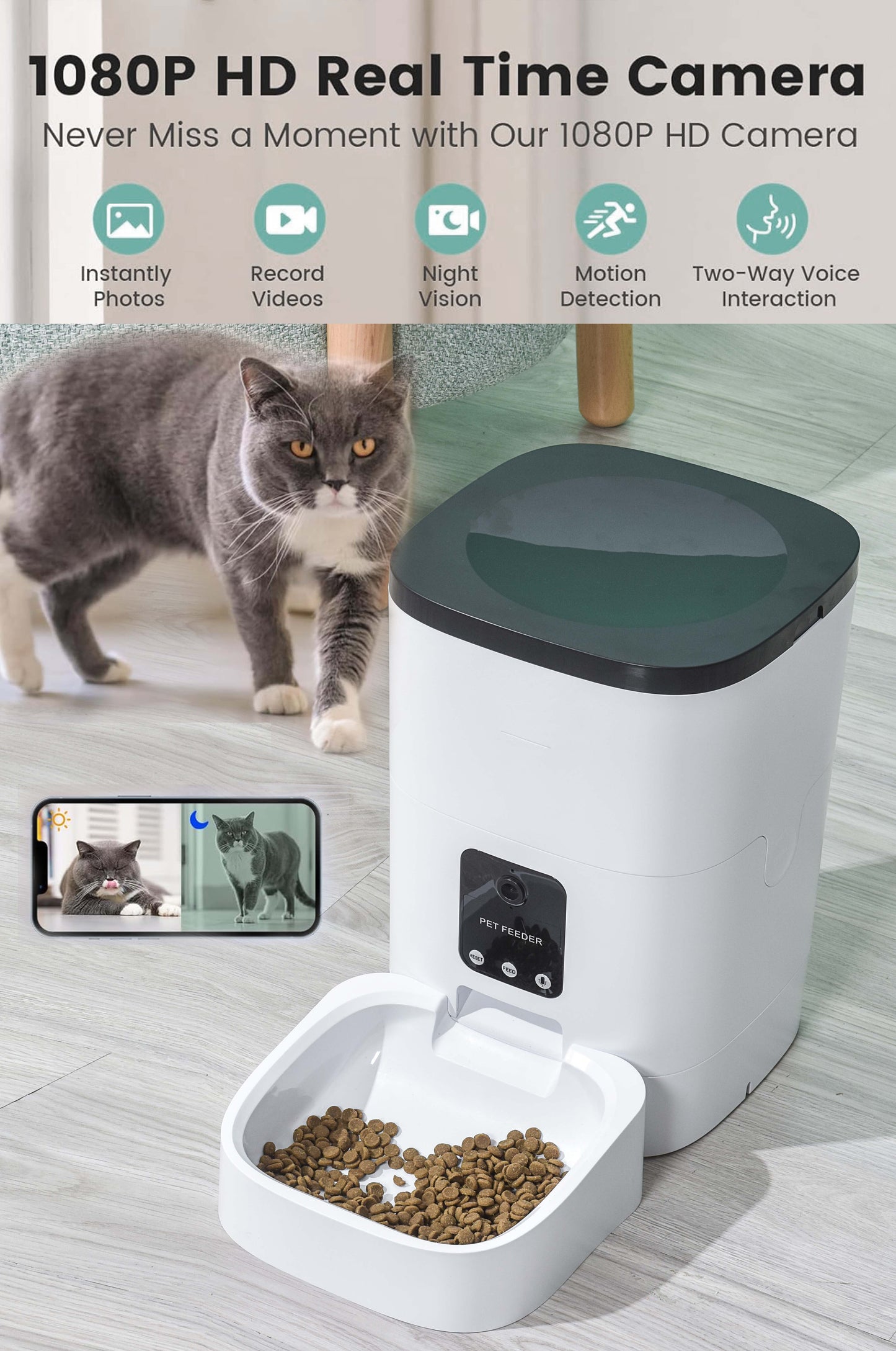 Automatic Pet Feeder for Cats & Dogs – 6L Capacity, 1080P Camera, App-Controlled with Voice Recorder, Timed Feeding, Dual Power Supply, and WiFi Connectivity
