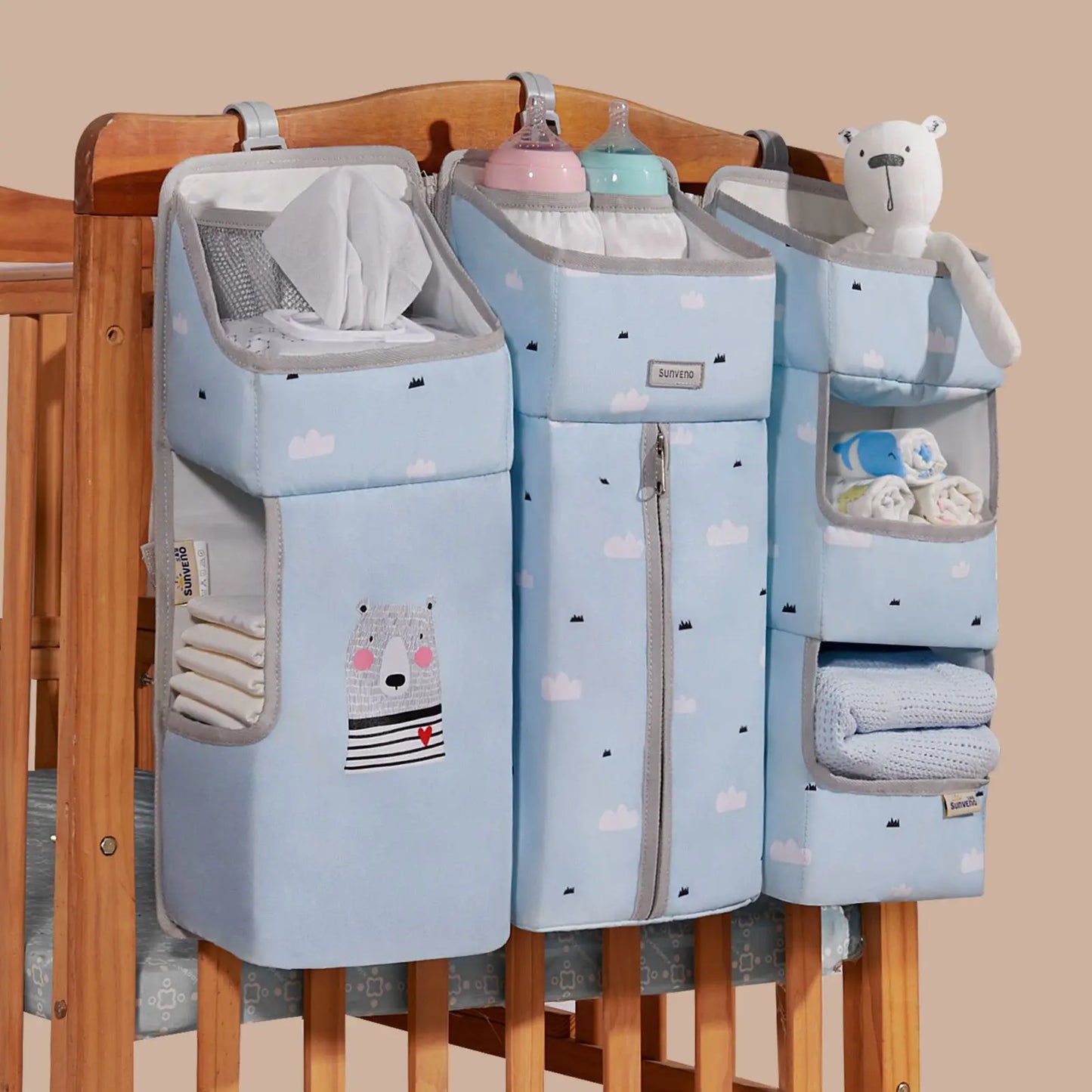 Sunveno Crib Organizer for Baby Crib Hanging Storage Bag for Essentials