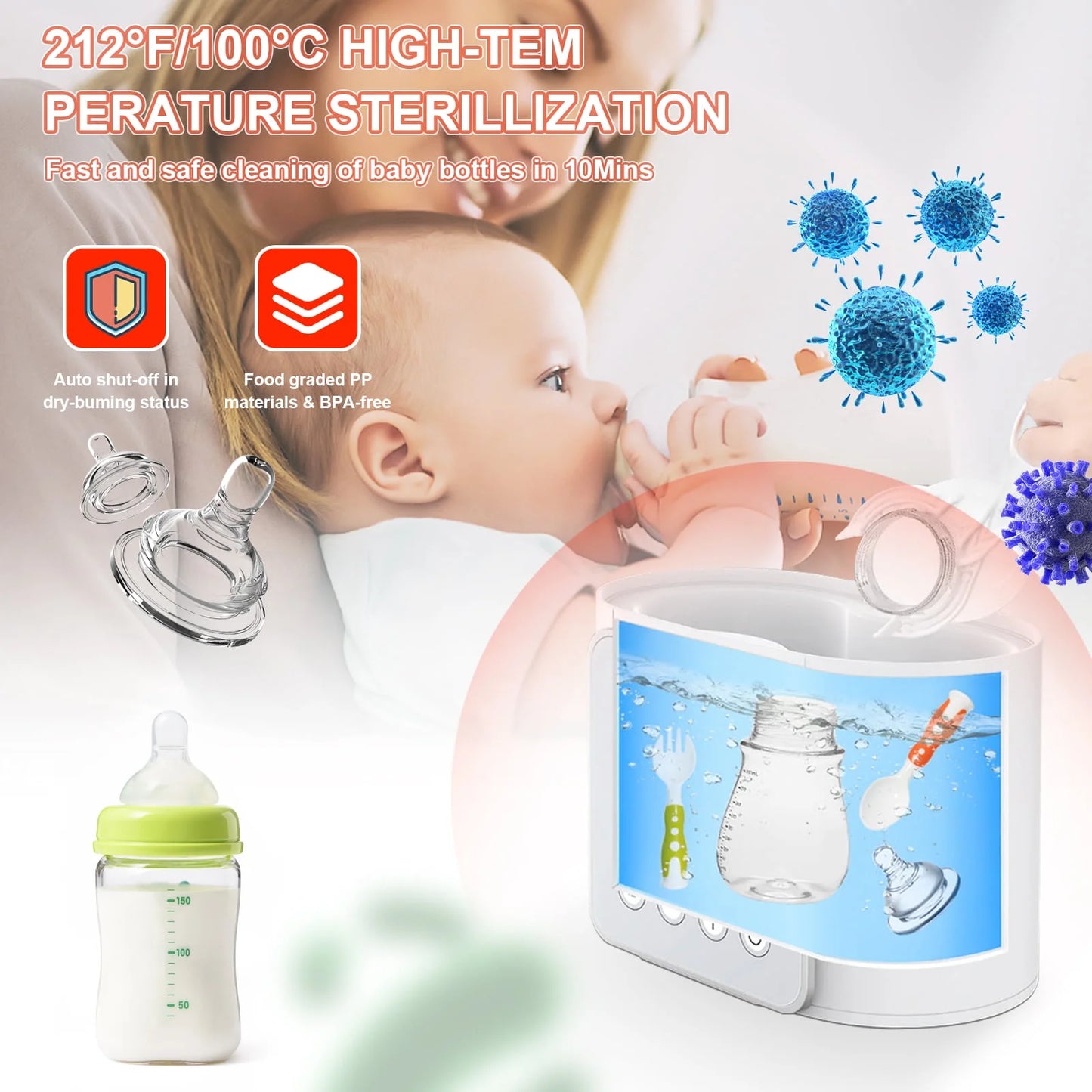 9-In-1 Portable , Baby Bottle Sterilizer, Double Bottle Breast Milk Warmer with LCD Display, Timer & 24H Temperature Control