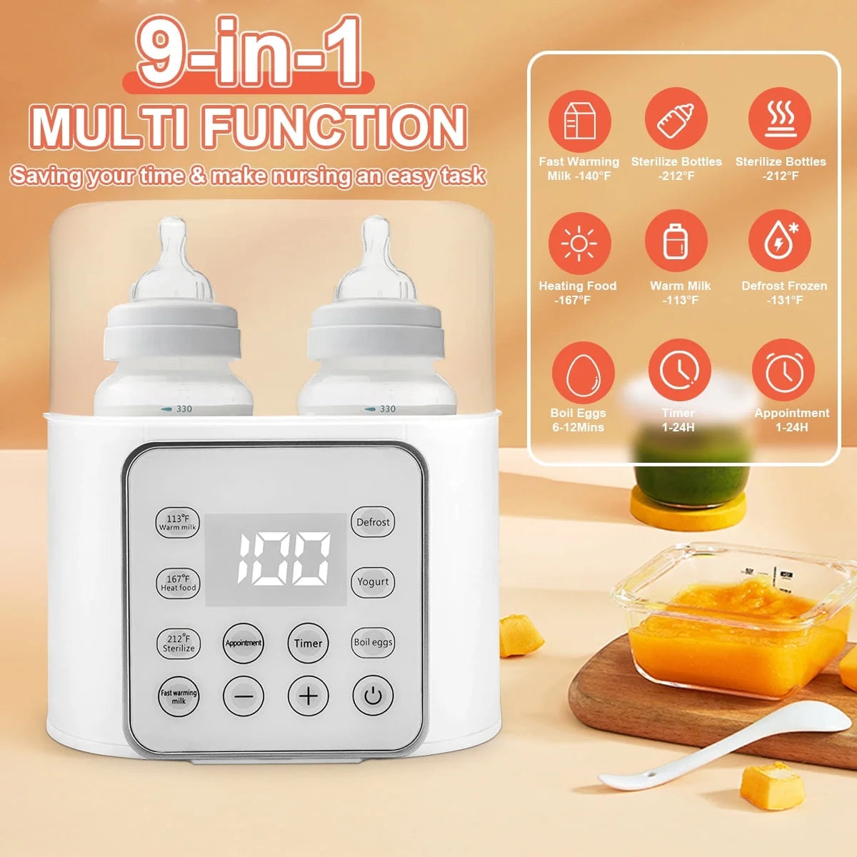 9-In-1 Portable , Baby Bottle Sterilizer, Double Bottle Breast Milk Warmer with LCD Display, Timer & 24H Temperature Control