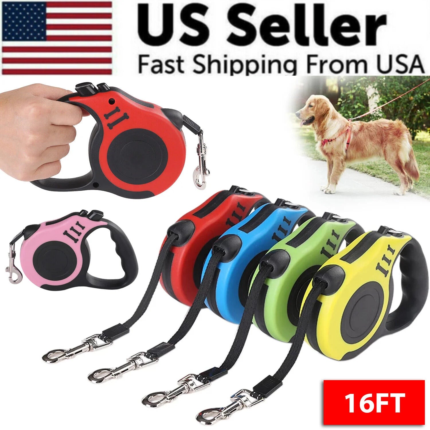 16.5FT Automatic Retractable Dog Leash Pet Collar Automatic Walking Lead Free