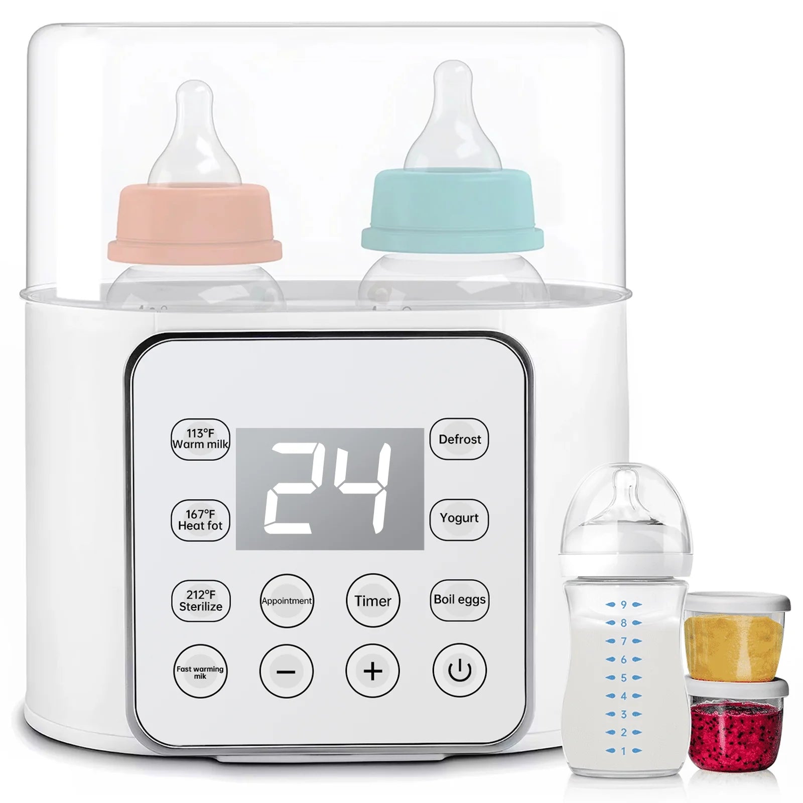 9-In-1 Portable , Baby Bottle Sterilizer, Double Bottle Breast Milk Warmer with LCD Display, Timer & 24H Temperature Control