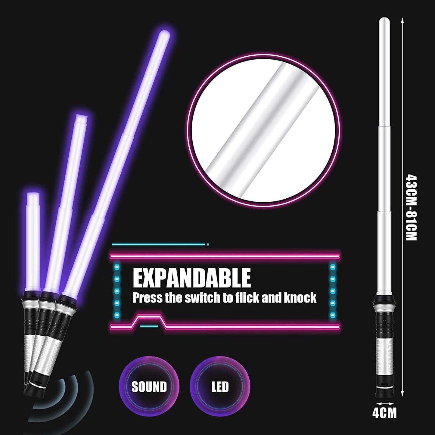 Lightsaber Kids - 2 Pack - LED Light Up Saber With Sound Retractable 7 Colors Light Saber Sword! Excellent Gift for Boys!