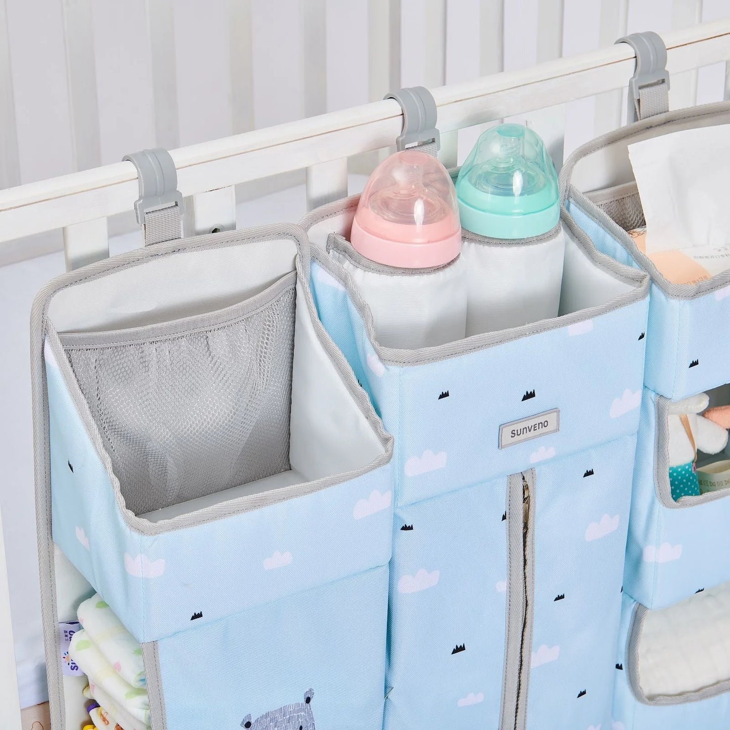 Sunveno Crib Organizer for Baby Crib Hanging Storage Bag for Essentials