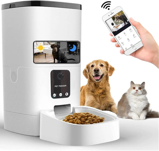 Automatic Pet Feeder for Cats & Dogs – 6L Capacity, 1080P Camera, App-Controlled with Voice Recorder, Timed Feeding, Dual Power Supply, and WiFi Connectivity