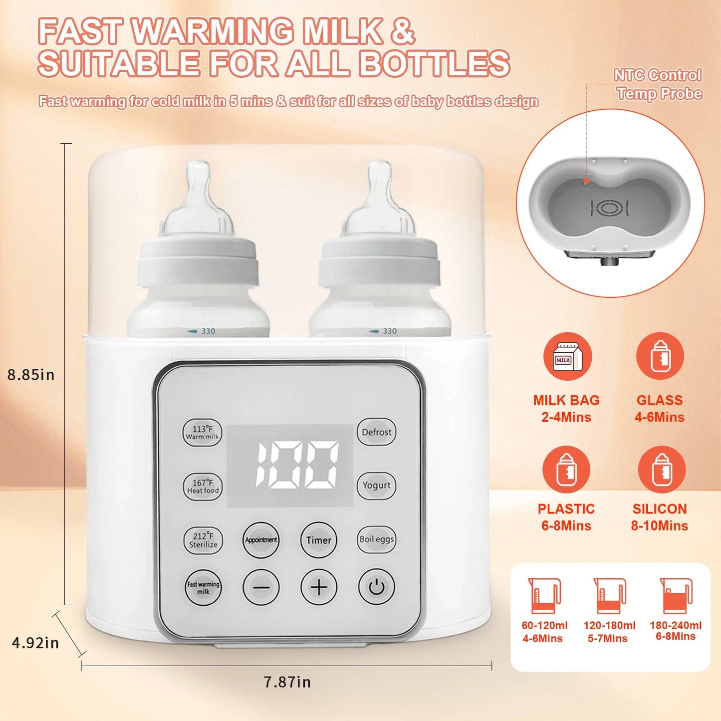 9-In-1 Portable , Baby Bottle Sterilizer, Double Bottle Breast Milk Warmer with LCD Display, Timer & 24H Temperature Control